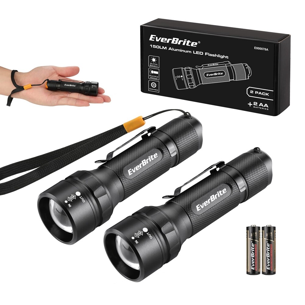 EverBrite 2PC 150Lumen Mini LED Flashlight 3Light Mode Zoomable Adjustable Focus