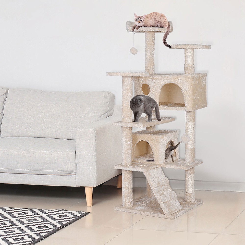 55'' Multi-Level Cat Condo Tower Kitty Cat Tree with Scratching Post Beige