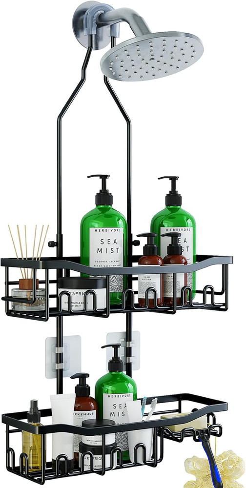 Upgraded Extended Length Shower Organizer with Hooks, Rustproof Shampoo Soap Hol