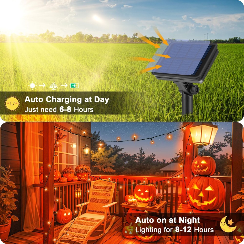 Solar String Lights for Halloween, Orange Halloween String Lights 39.4ft 120L...