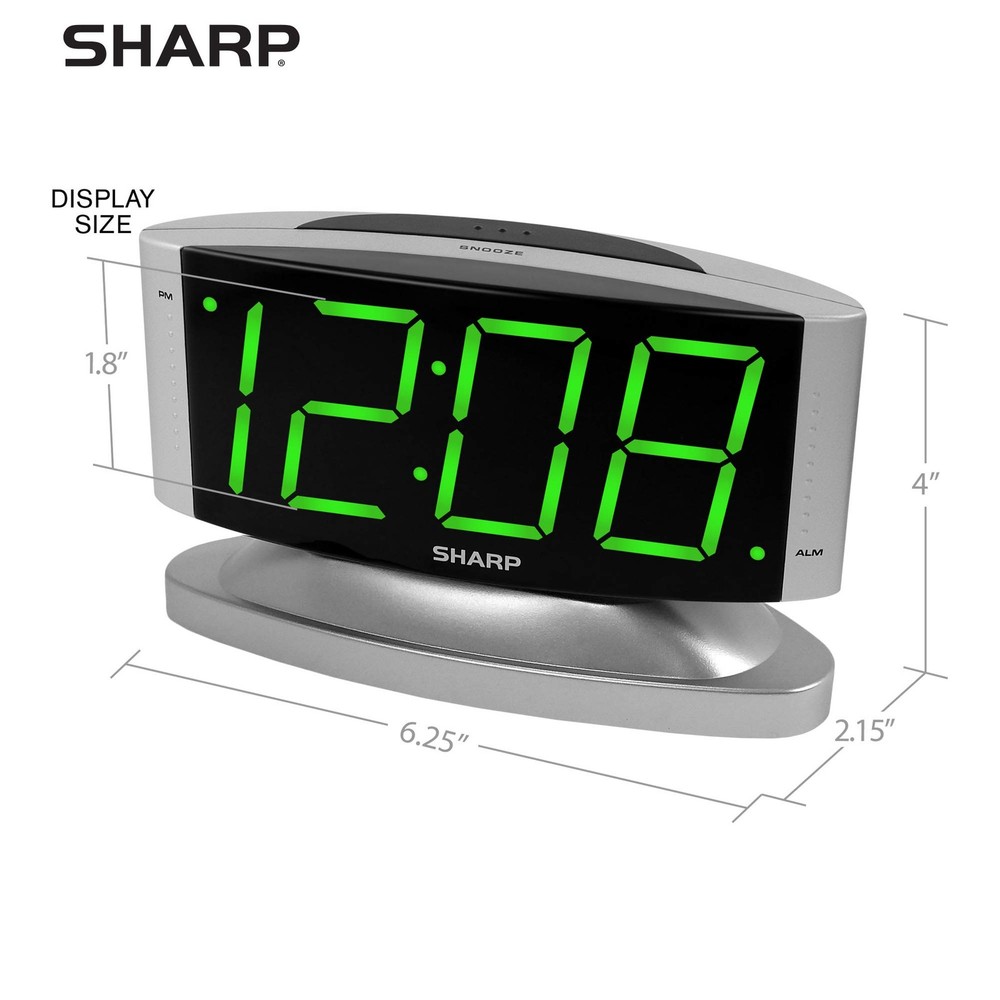 Sharp Home LED Digital Alarm Clock – Swivel Small, Green Led - Silver Case