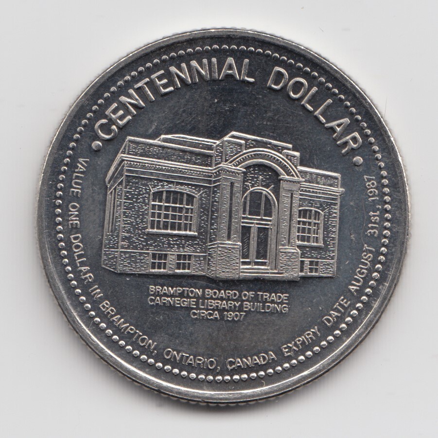 1987 Brampton Ontario Trade Dollar Token Canada Centennial Carnegie Library