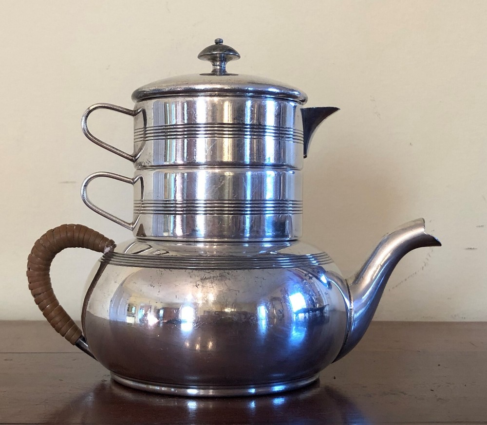 Unique Antique 4 Piece Apollo SIlverplate Stackable Tea Set Teapot Sugar Creamer