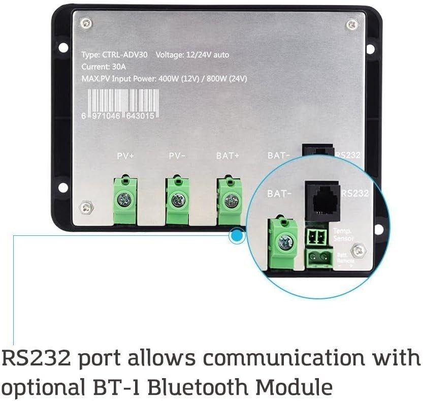 30A 12V/24V PWM Solar Charge Controller with LCD Display Flush Mount Design N...