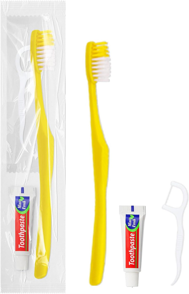 50 Pcs Disposable Toothbrushes with Toothpaste and Floss,Yellow Bulk Single Use