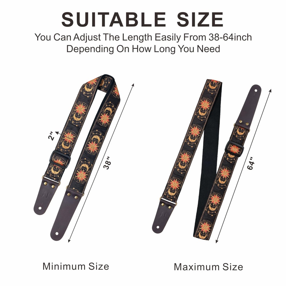 Nefelibata Guitar Strap - Sun & Moon Embroidery Leather Ends 4 Picks