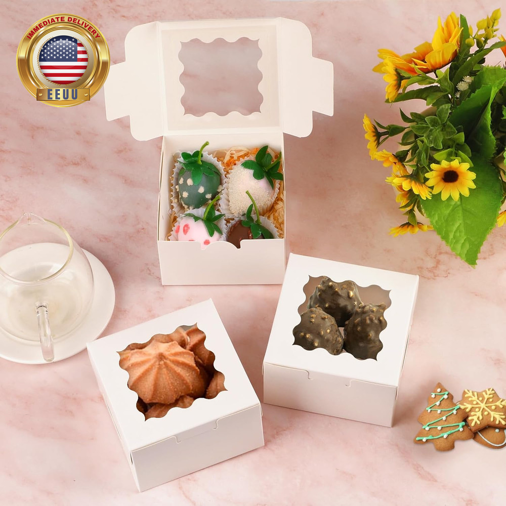 24Pcs White Cookie Boxes, 4X4X2.5 Inches Bakery Boxes with Window, for Mini Cake