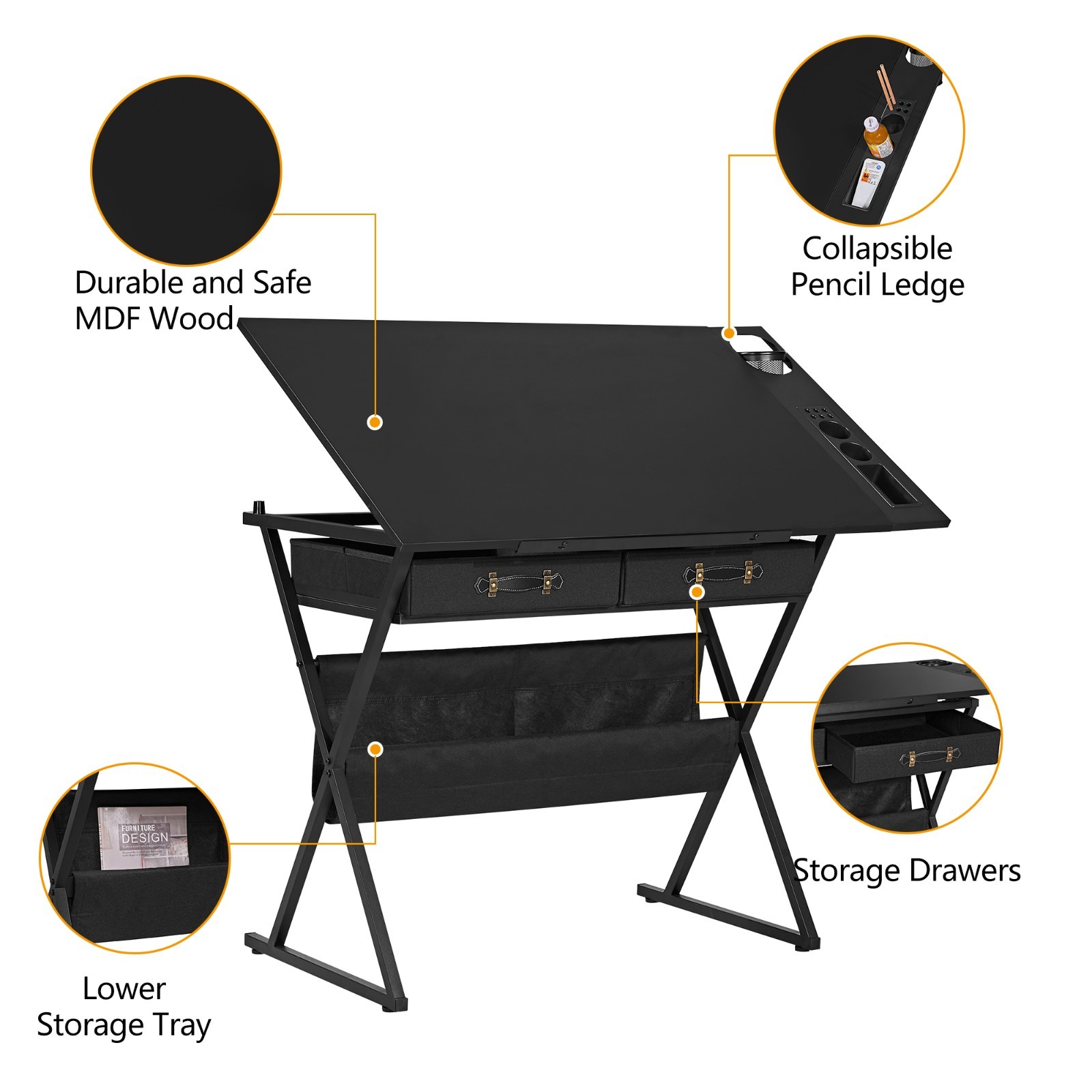 Vecelo Drafting Table Art Desk Art Table Adjustable Drawing Table w/Drawer Stool