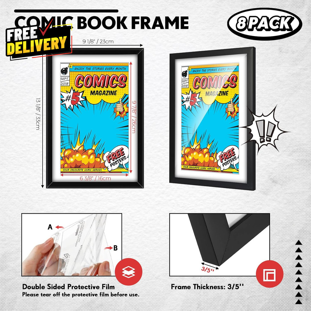 8-Pack Comic Book Frames UV Protection Wall or Tabletop Display Black White…