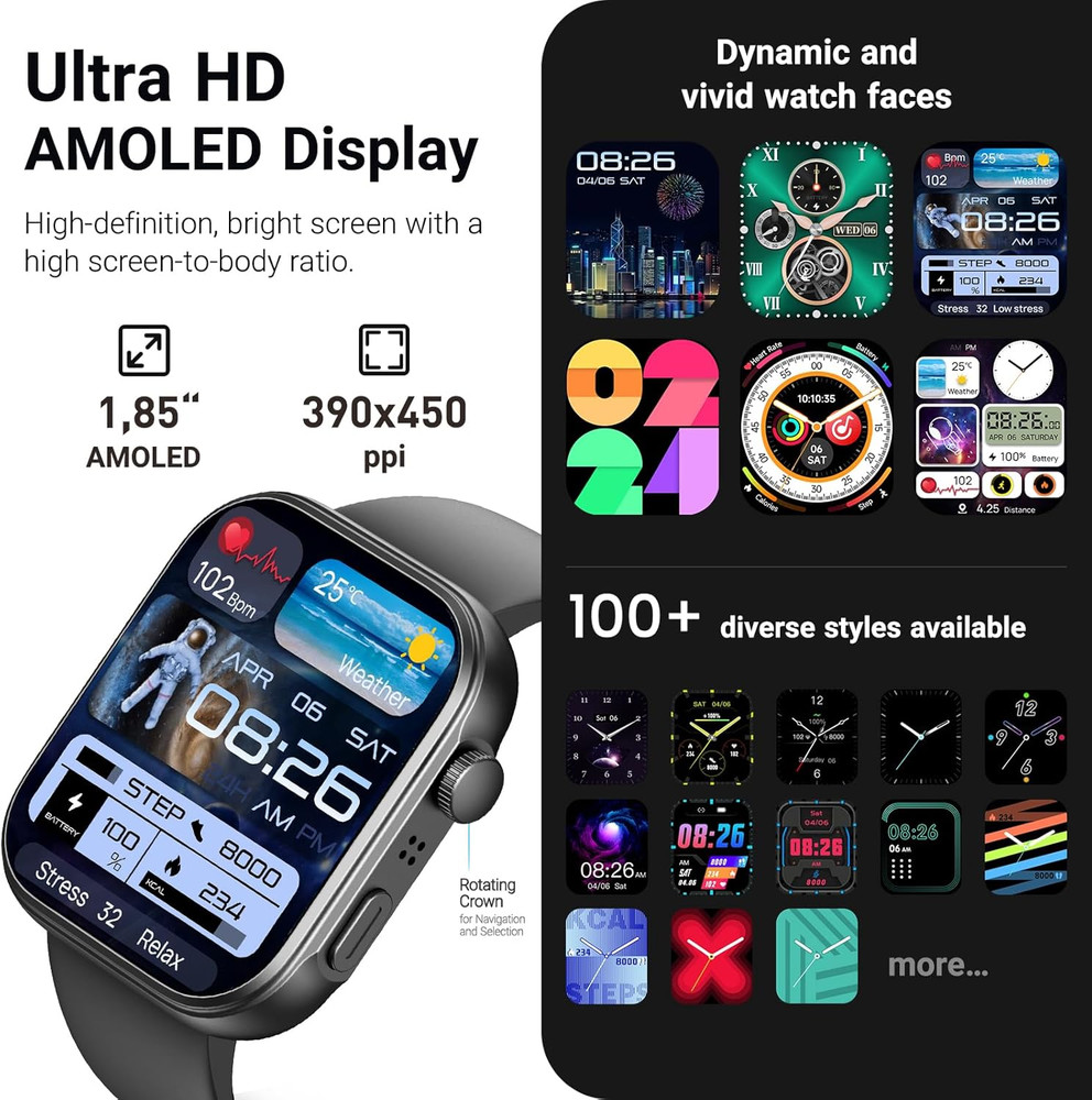 AMOLED S6 Smart Watch 1.85" Ultra-Clear Screen Dynamic Faces Bluetooth Call, 100