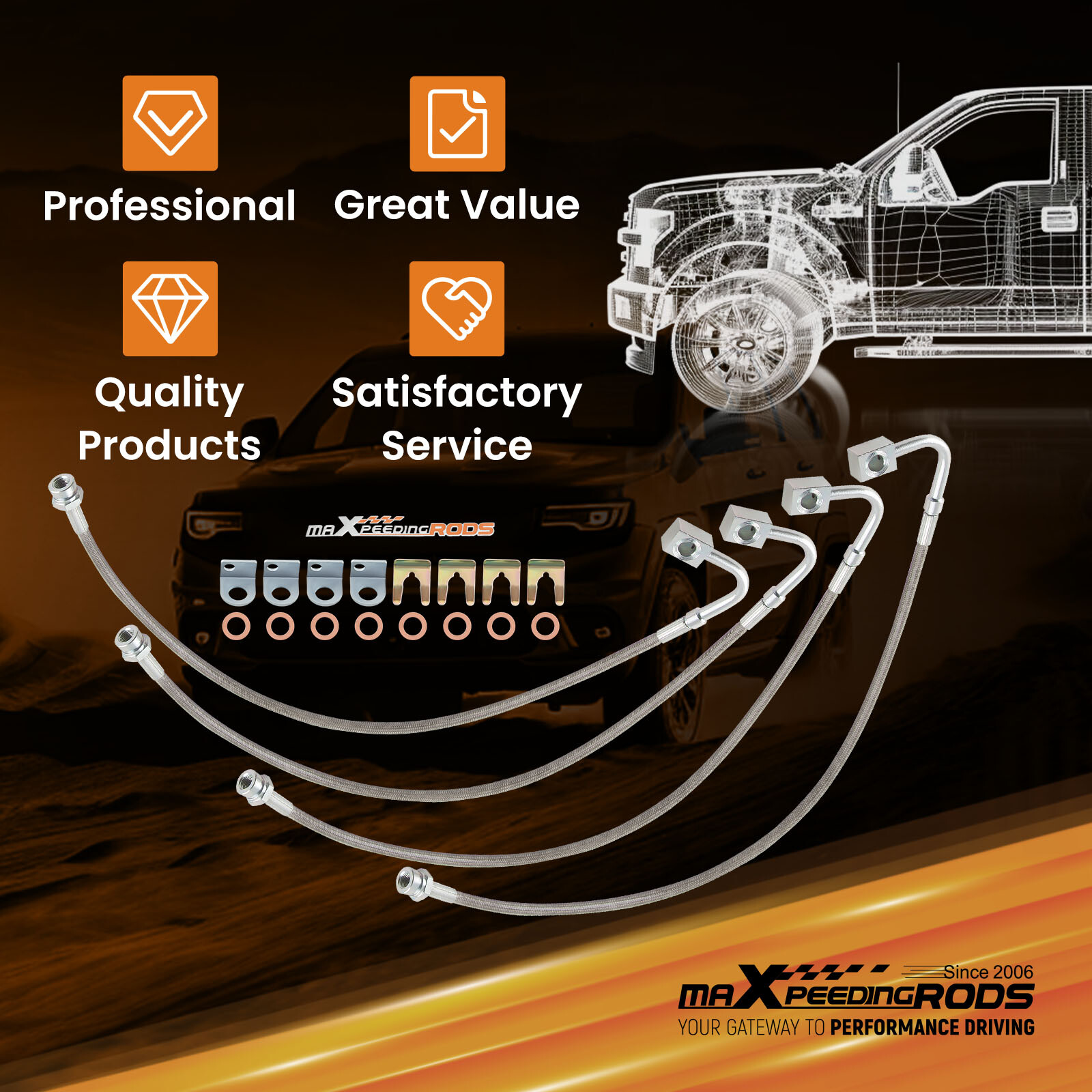 Front & Rear Braided Brake Lines For Jeep Wrangler JK 2007-2018 Stainless Steel