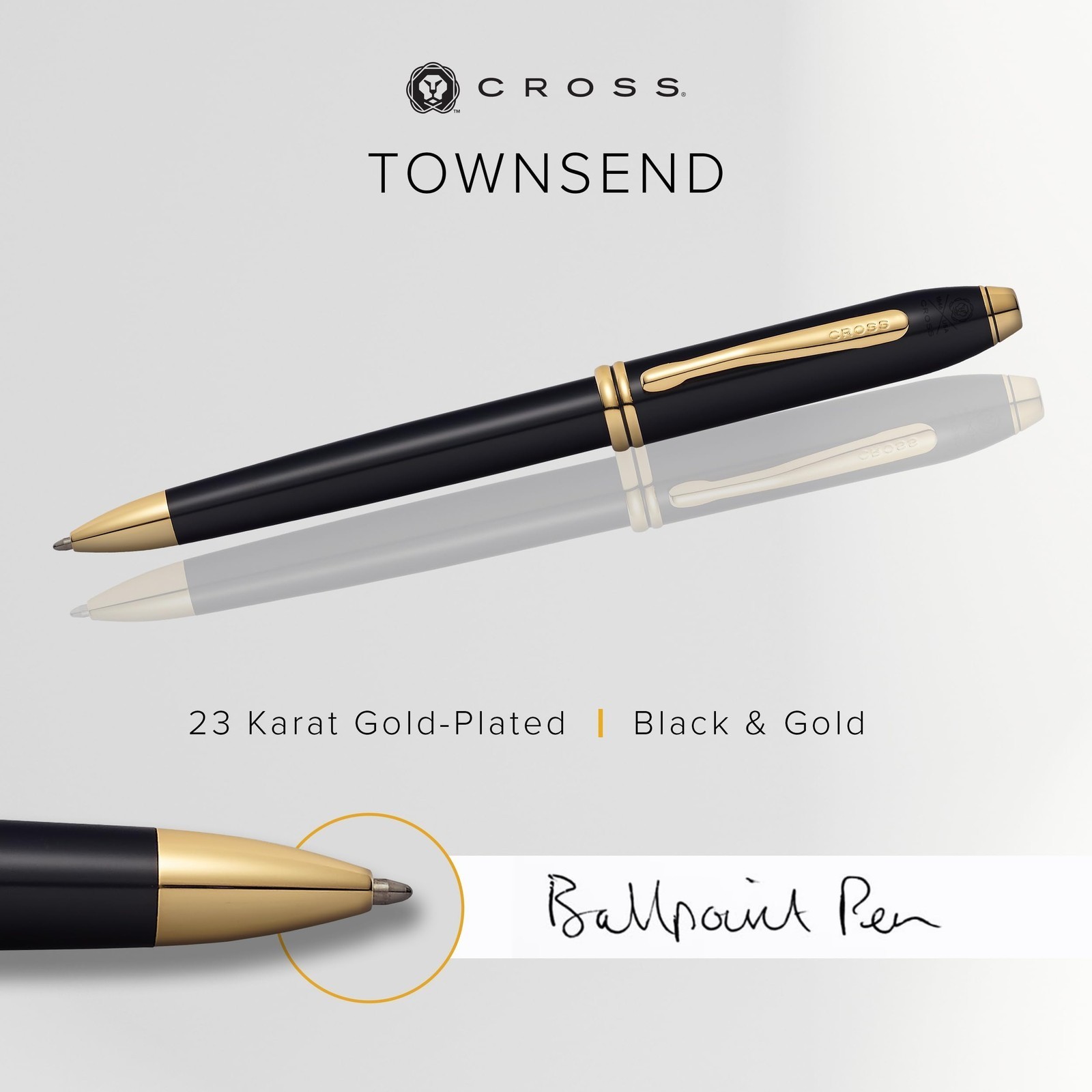 Cross Townsend Black Lacquer 23K Gold Trim Ball Pen with Luxury Gift Box (572TW)