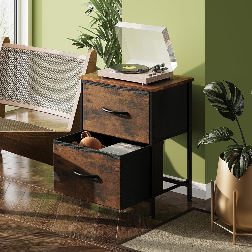 Rustic 2 Drawer Nightstand with Fabric Bins - Multi-Purpose Room Organizer