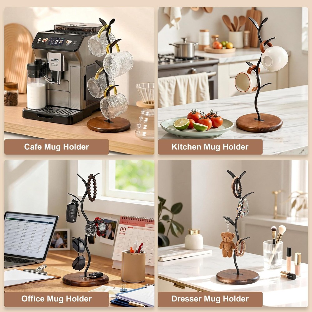 Mug Tree Holder, Bronze Metal Leaf Branch & Solid Wood Base Mug Holders, Coun...
