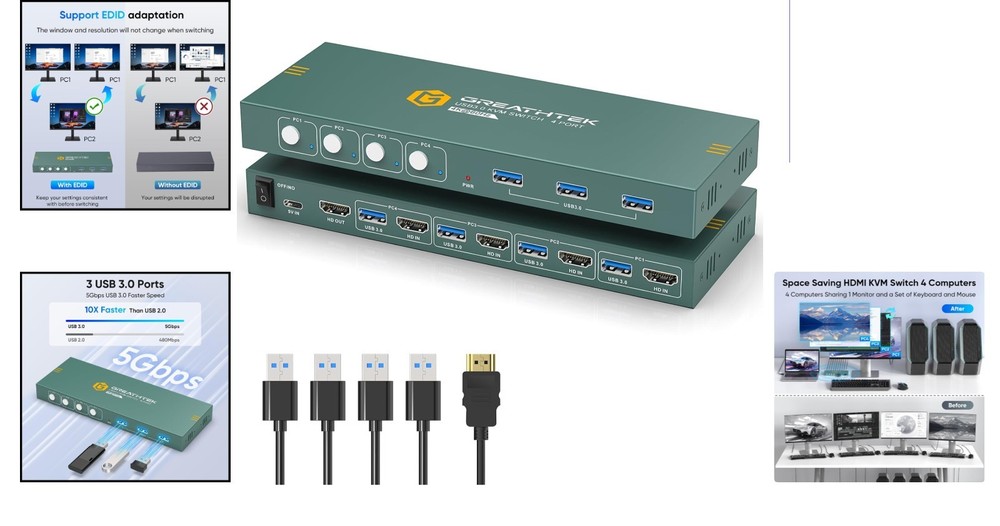 User-Friendly 4-Computer KVM Switch with HDMI and USB 3.0 for Smooth Switching