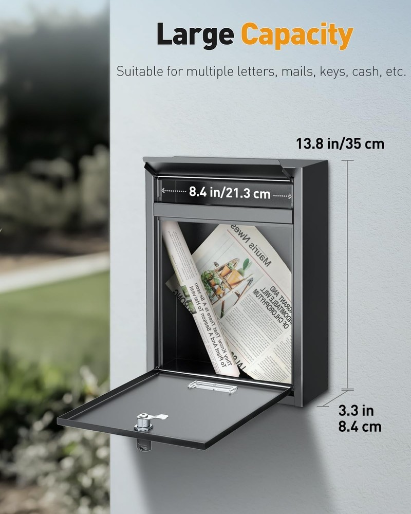 Uniclife Wall Mount Mailbox for Outside, Locking Mail Box, Key Lock, Blcak