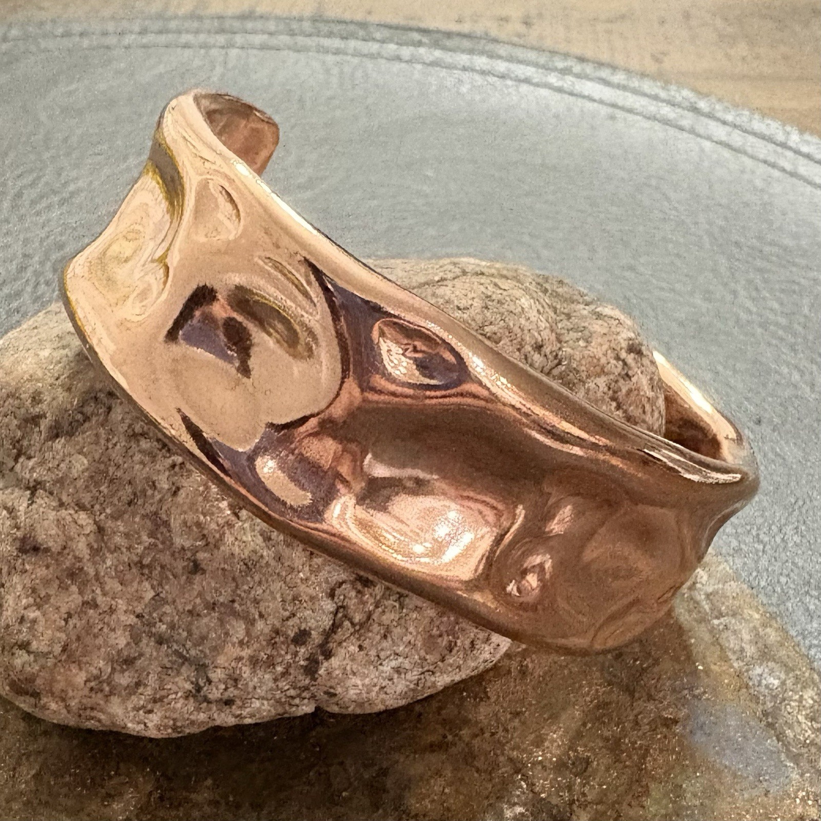 Brutalist Heavy Thick Women’s Hammered Wide Copper Artisan Cuff Bracelet Shiny