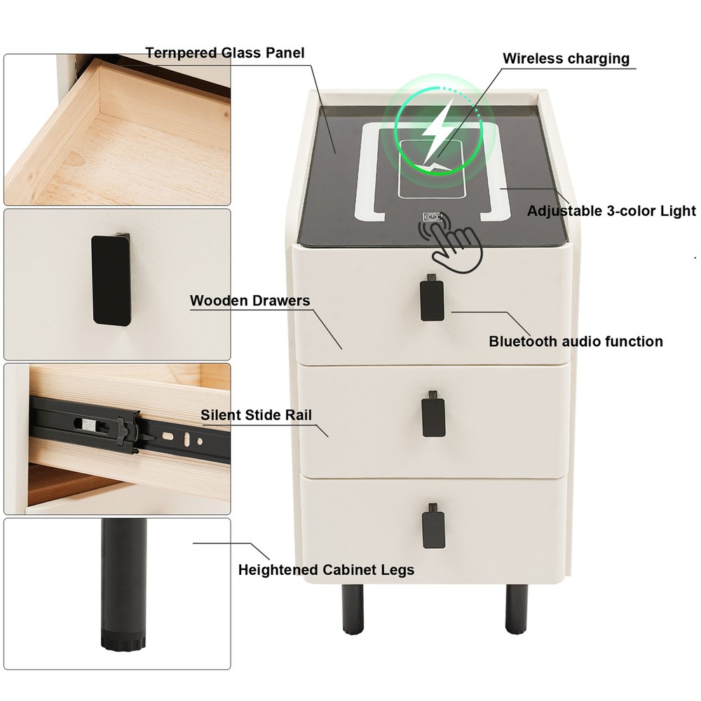3 Drawers Smart Bedside Table Nightstand With LED Light+Wireless Charging+USB