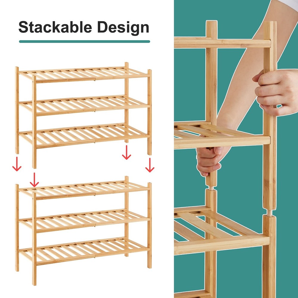 6-Tier Bamboo Shoe Rack for Entryway, Stackable | Foldable | Natural, Shoe Or...
