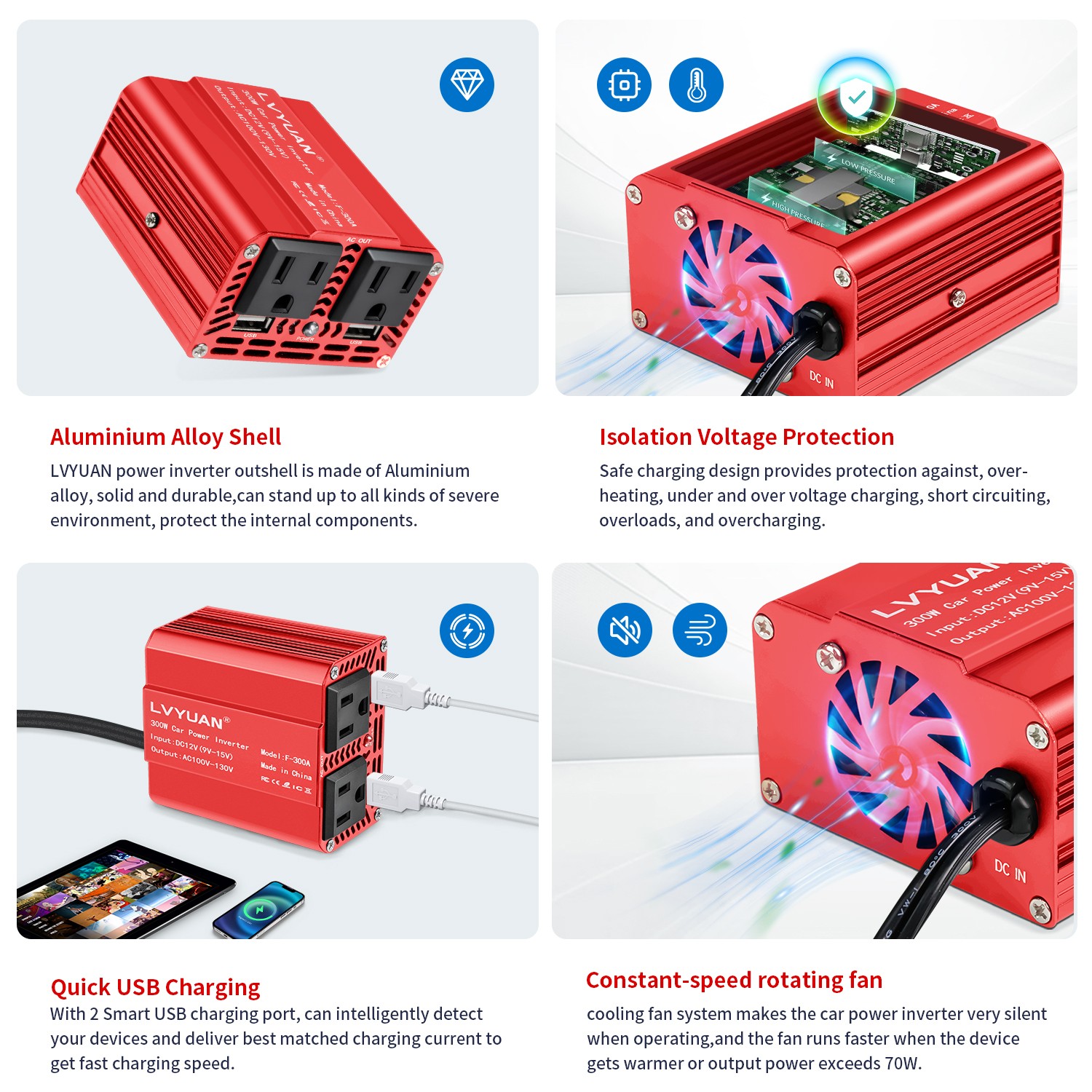 300W Power Inverter DC 12V to 120V AC Car Adapter with 2USB 2AC Red for Laptop