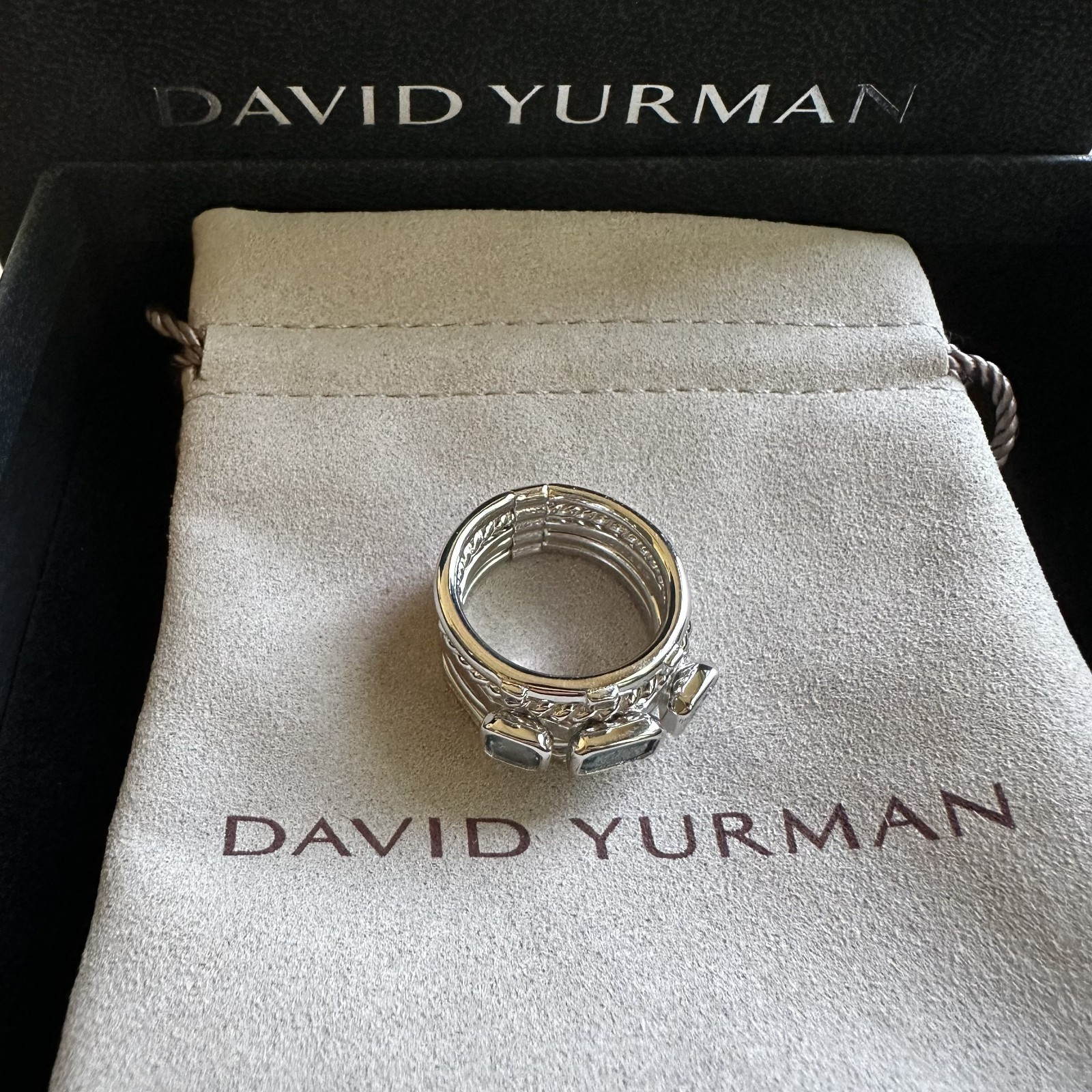 David Yurman Sterling Silver Stax Ring with Blue Topaz & Diamonds Size 7