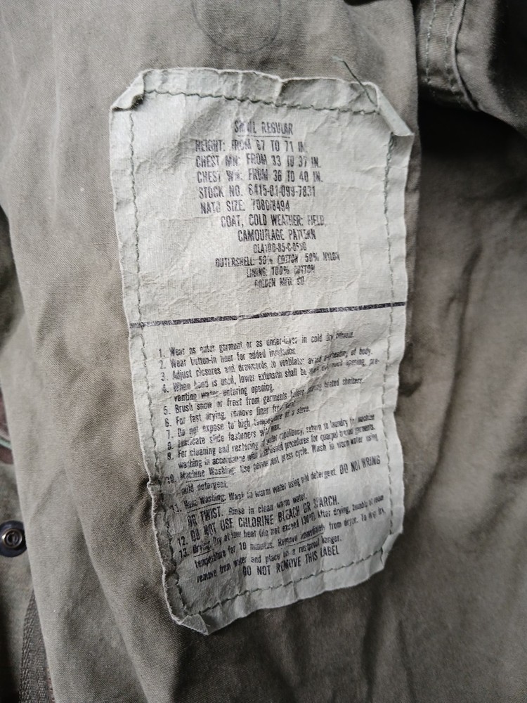 Small Regular - US Army BDU Field Jacket Coat Cold Weather Field Camo Pattern