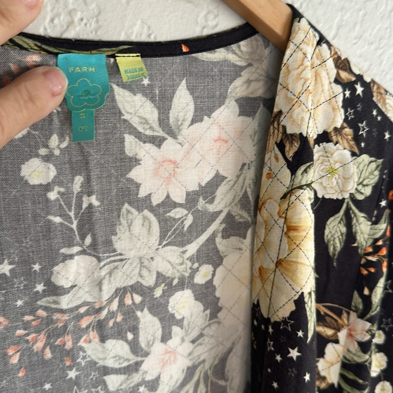 Farm Rio Kimono Grey Yellow Floral Stars Celestial Ethereal Wide Sleeves Boho OS