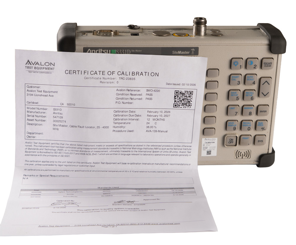 CURRENT CALIBRATION Anritsu S331D SiteMaster Cable/Antenna Analyzer
