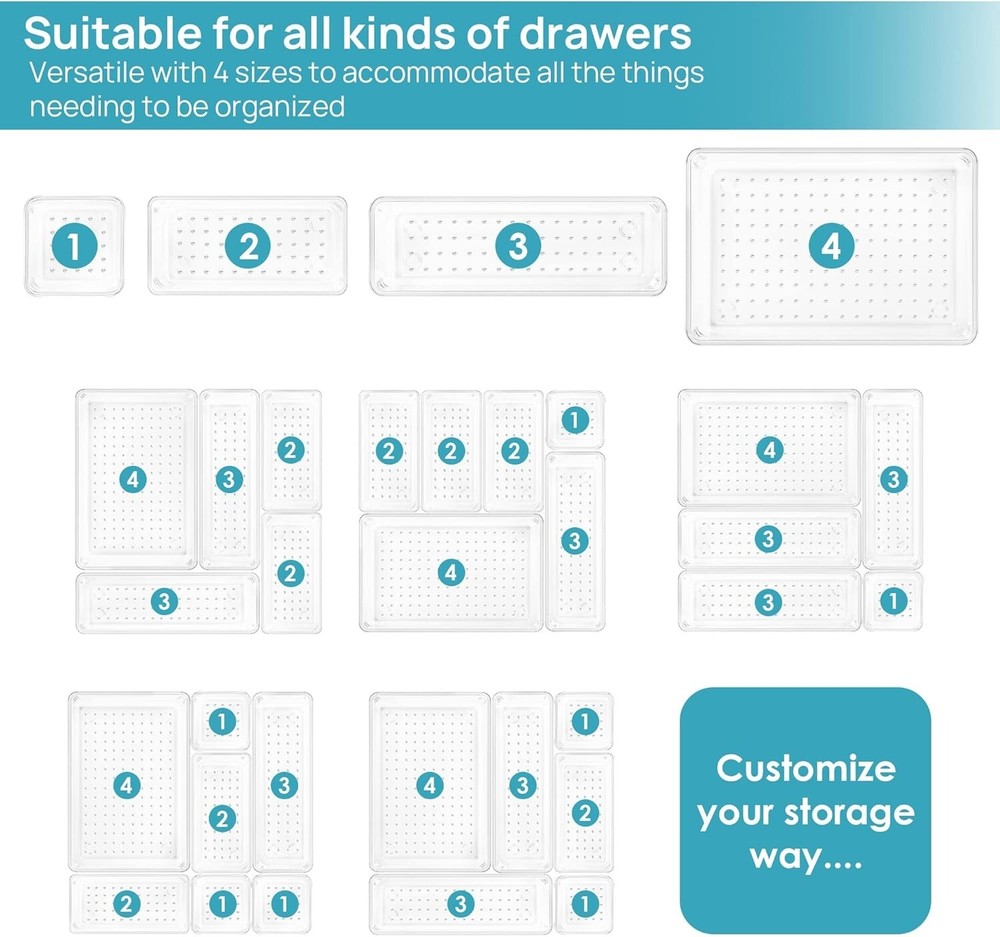 25 PCS Clear Plastic Drawer Organizers Set - Versatile & Stackable Storage