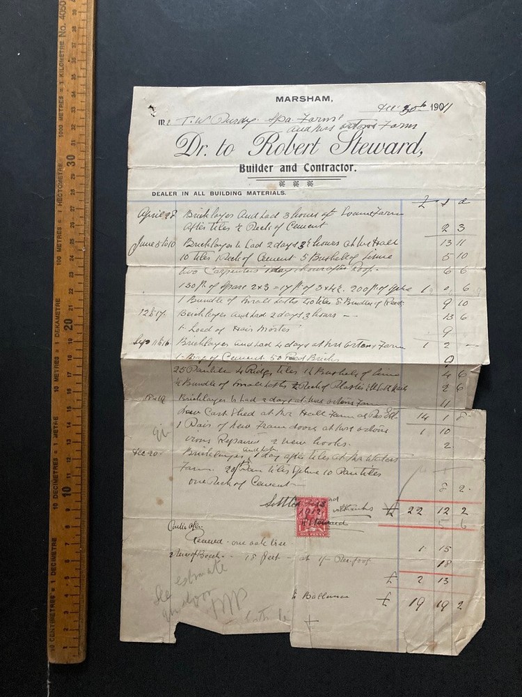 1911 Robert Steward builder & contractor Marsham paper invoice bill