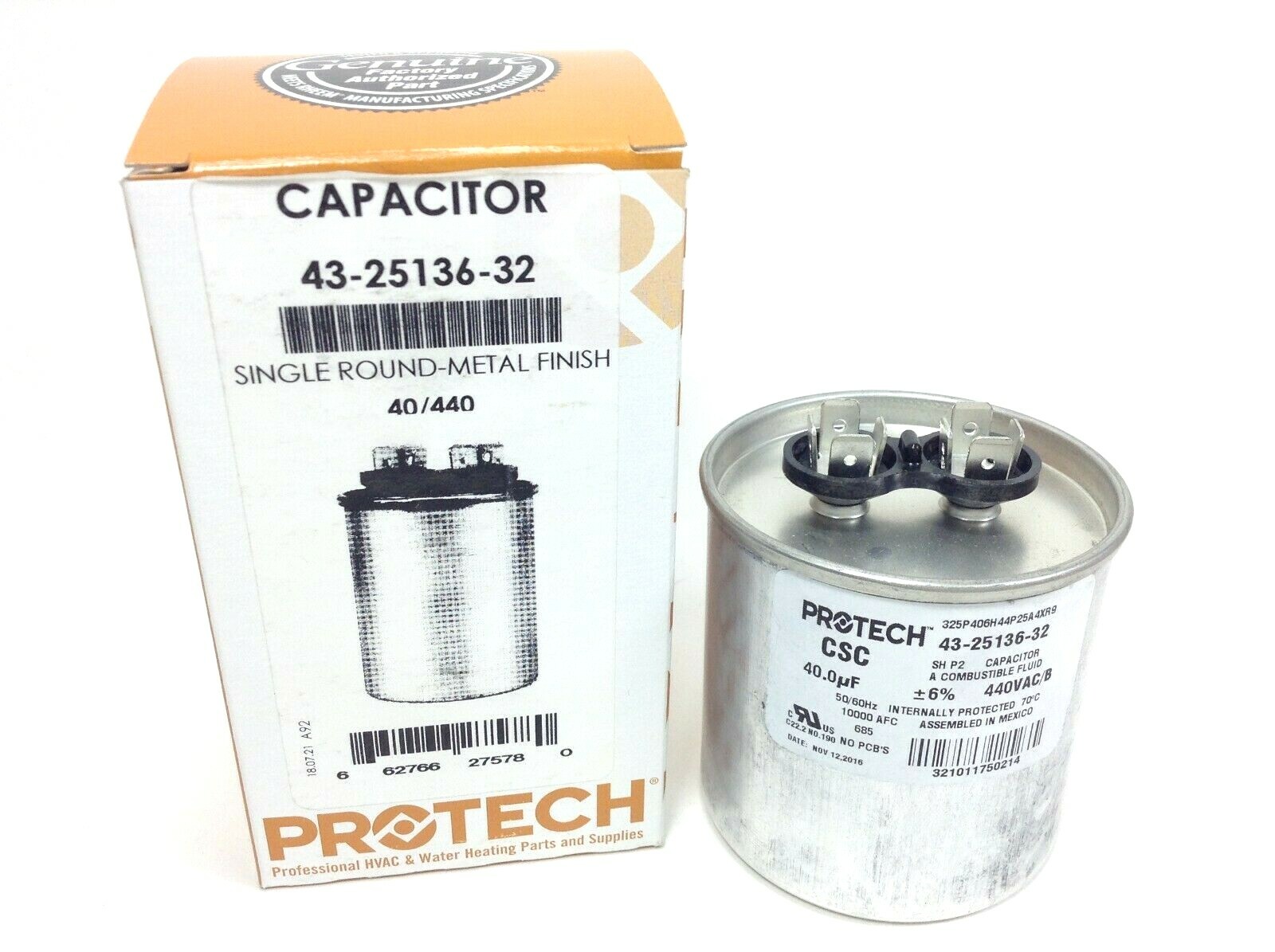 40 MFD 440 Volt Round Run Capacitor - ProTech 43-25136-32 Rheem Ruud HVAC NEW