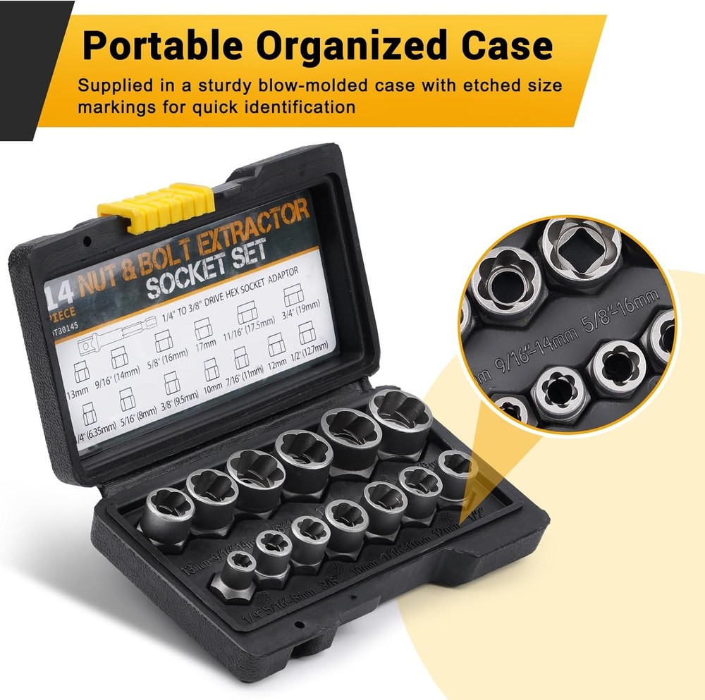 14pc Impact Bolt & Nut Remover Set 3/8" Drive Bolt Extractor Tool Kit With Case