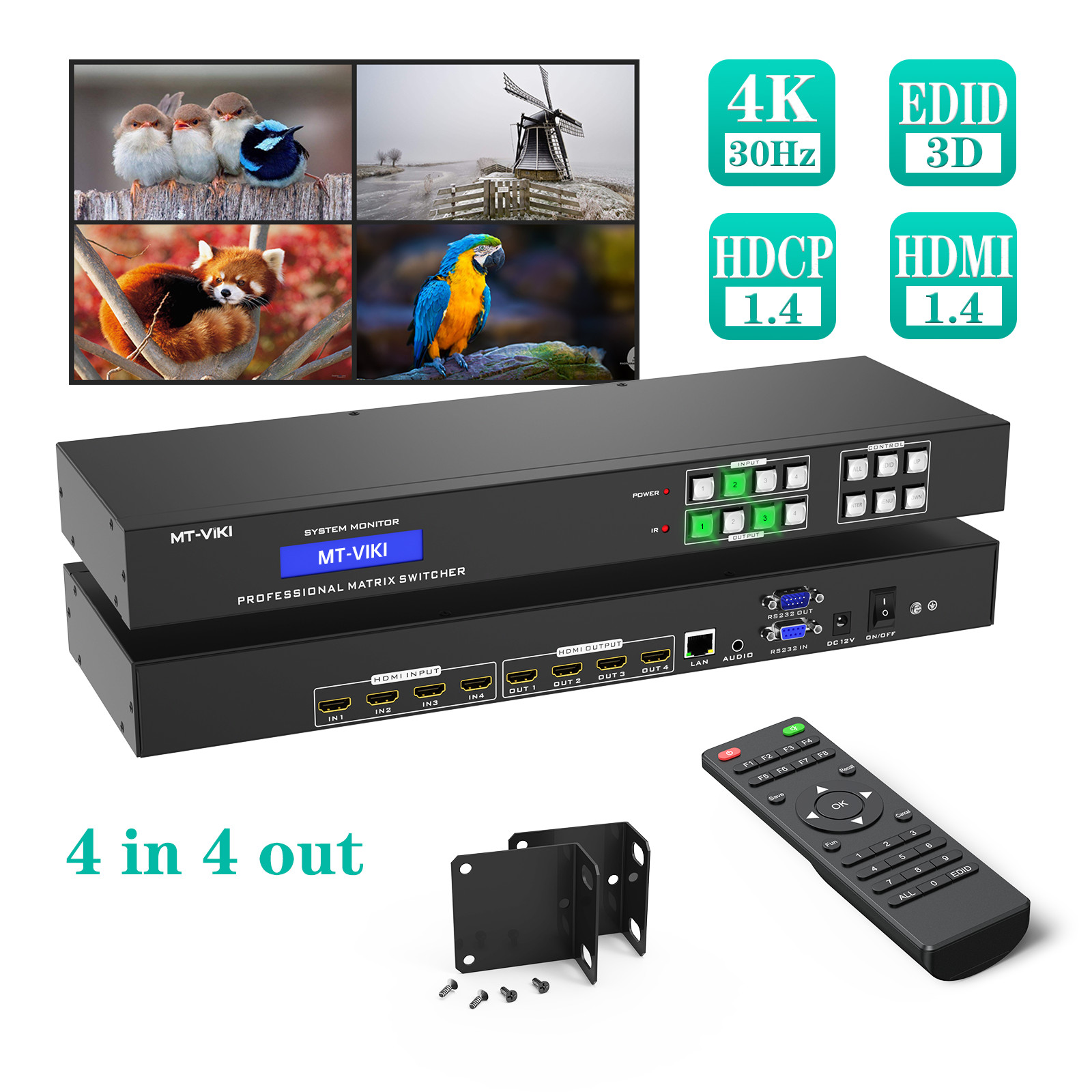 MT-VIKI 4x4 HDMI Matrix Switch 4K@30hz 4 in 4 out Switcher 3D with Web GUI RS232