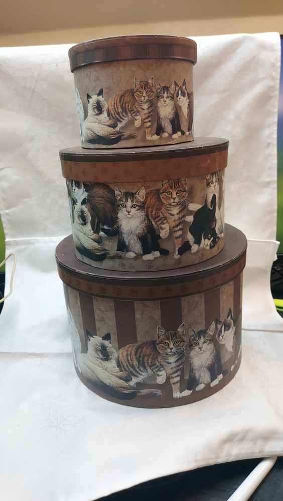 Stacking Storage Containers For Sewing Stuff Cat Print On Them. Good Condition
