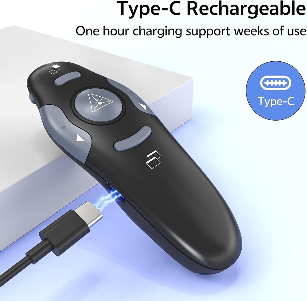 Wireless Presentation Clicker USB-C Rechargeable w/ Case & Red Laser – PPT & oth