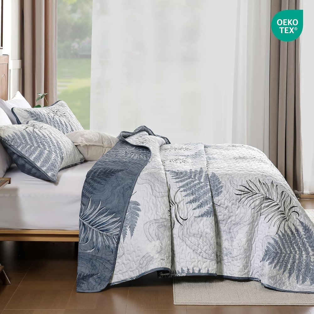 Blue Quilts Set Queen Size, Botanical Bedspread Bedding Set Floral Leaf Pattern