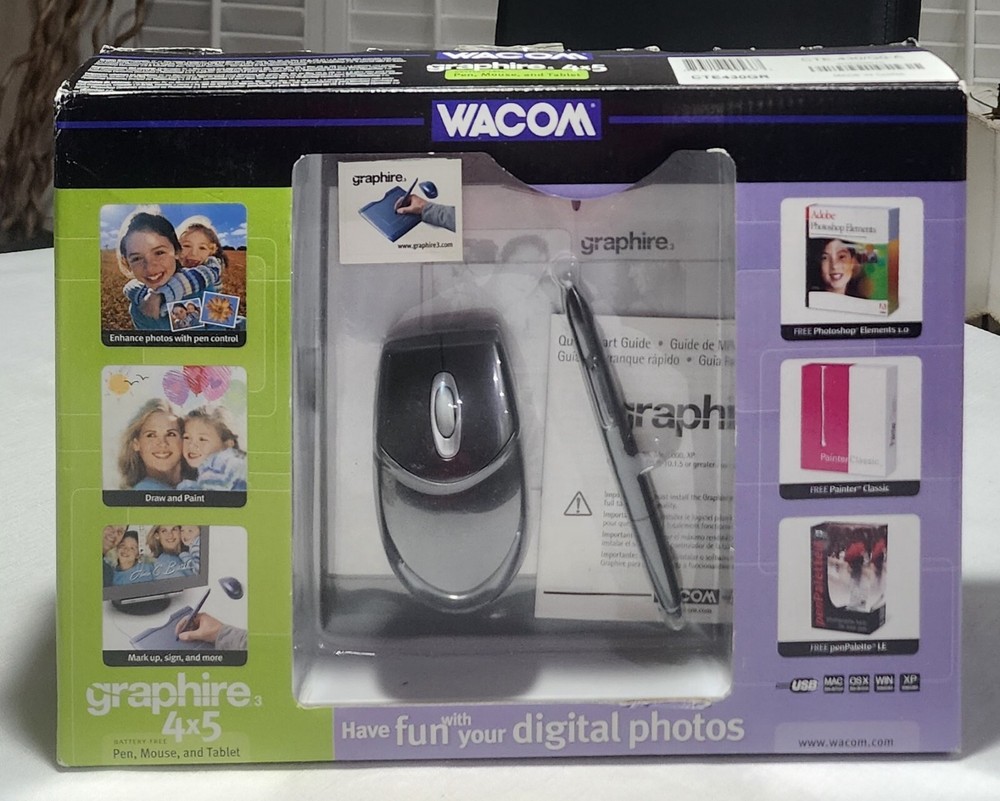 Wacom Graphire3 4x5 USB Tablet,Pen, Mouse & Software Bundle CTE430GR New Sealed