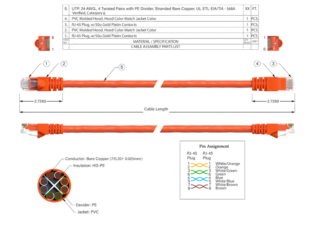 5ft Cat6 UTP Ethernet Network Patch Cable Snagless 24AWG Bare Copper, Orange