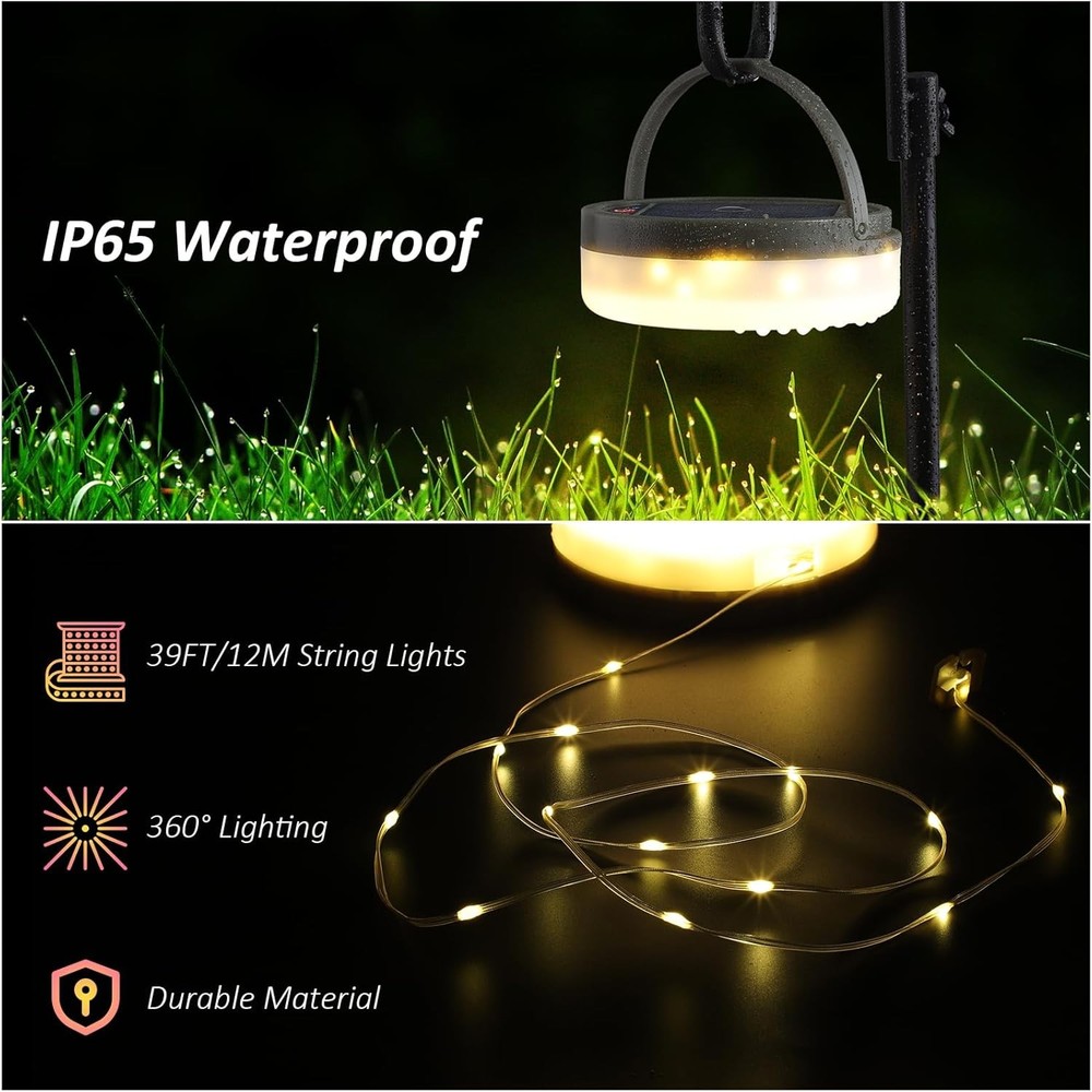 Solar Camping String Lights, 39.4FT Waterproof Camping Lights with 8 Lighting