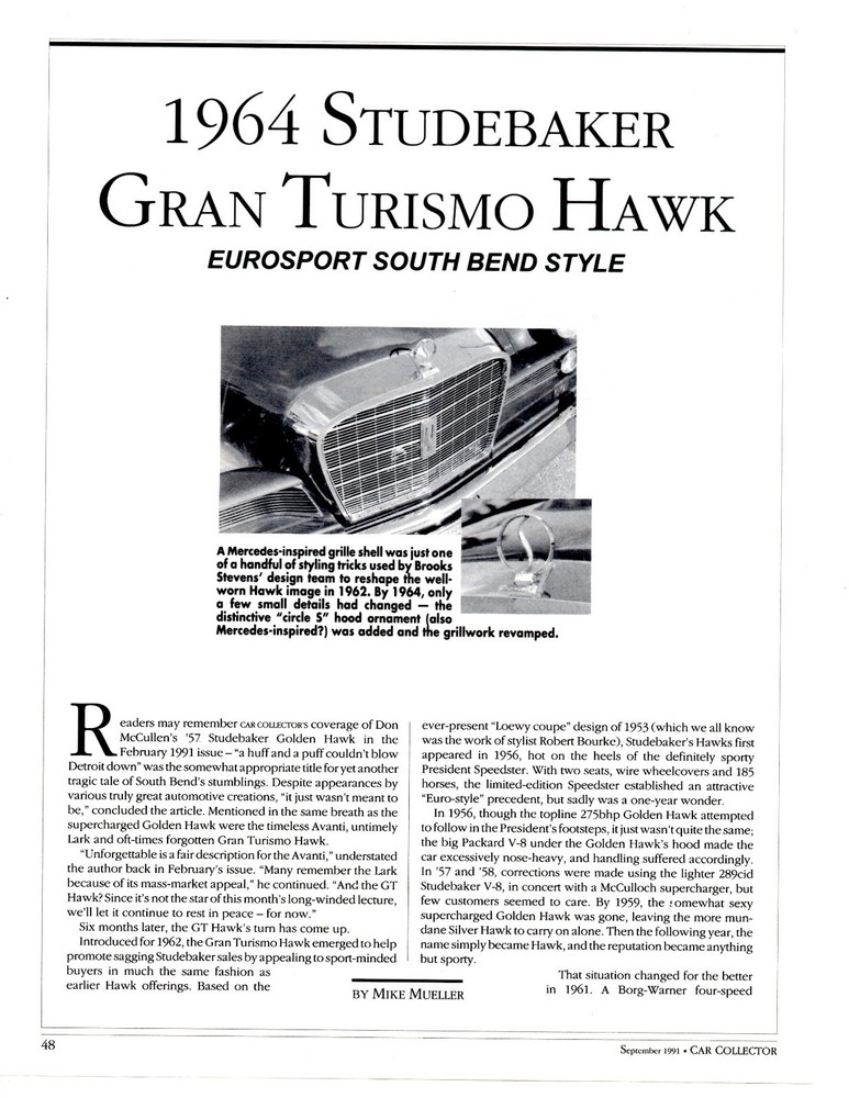 1964 STUDEBAKER GRAN TURISMO HAWK  ~  NICE 3-PAGE ARTICLE / AD