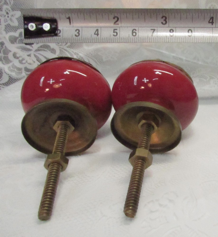 Set of 2 Large RED Round CERAMIC KNOBS with Brass Flower Decorative Drawer Pulls