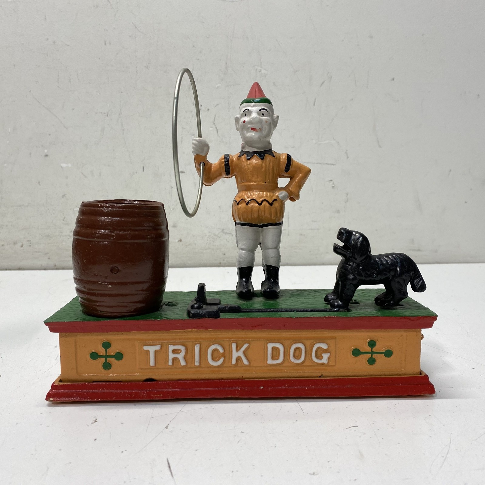 Vintage Cast Iron Multi-color (Green, Yellow, Red, Black, White) Mechanical Bank