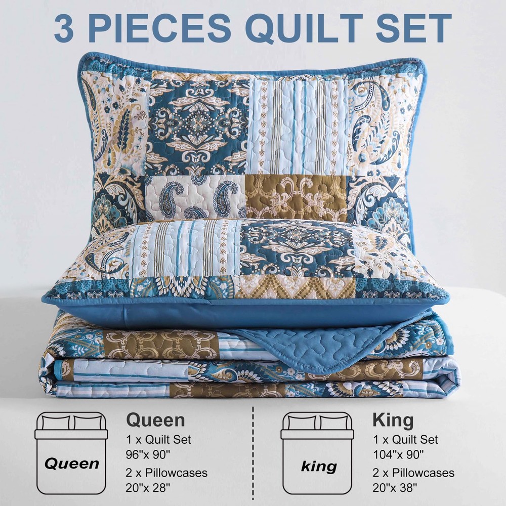 WONGS BEDDING Boho Quilt Set Queen Size, Blue Patchwork Plaid Queen,