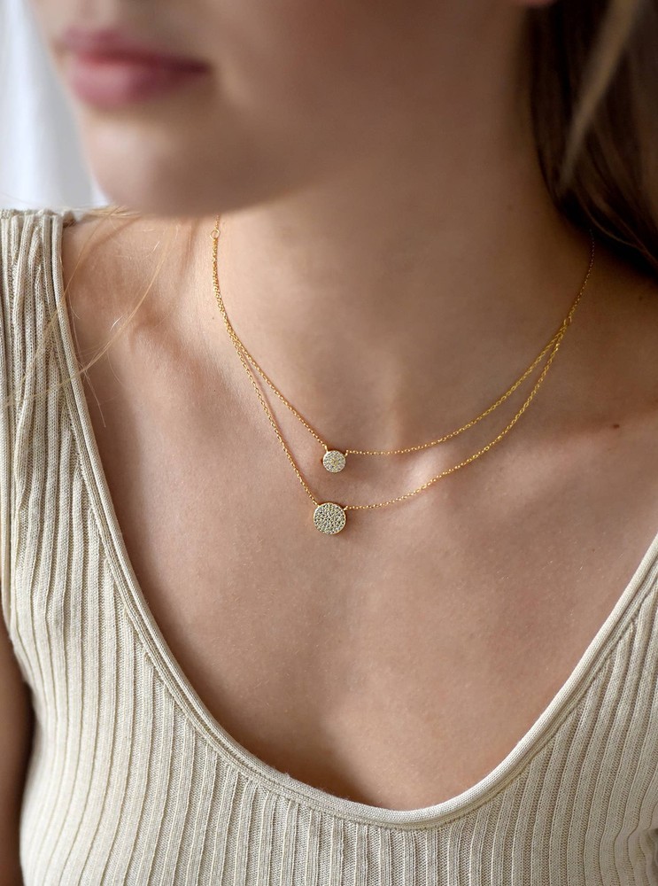 925 Silver Small Double Round CZ Disc Layered Necklace