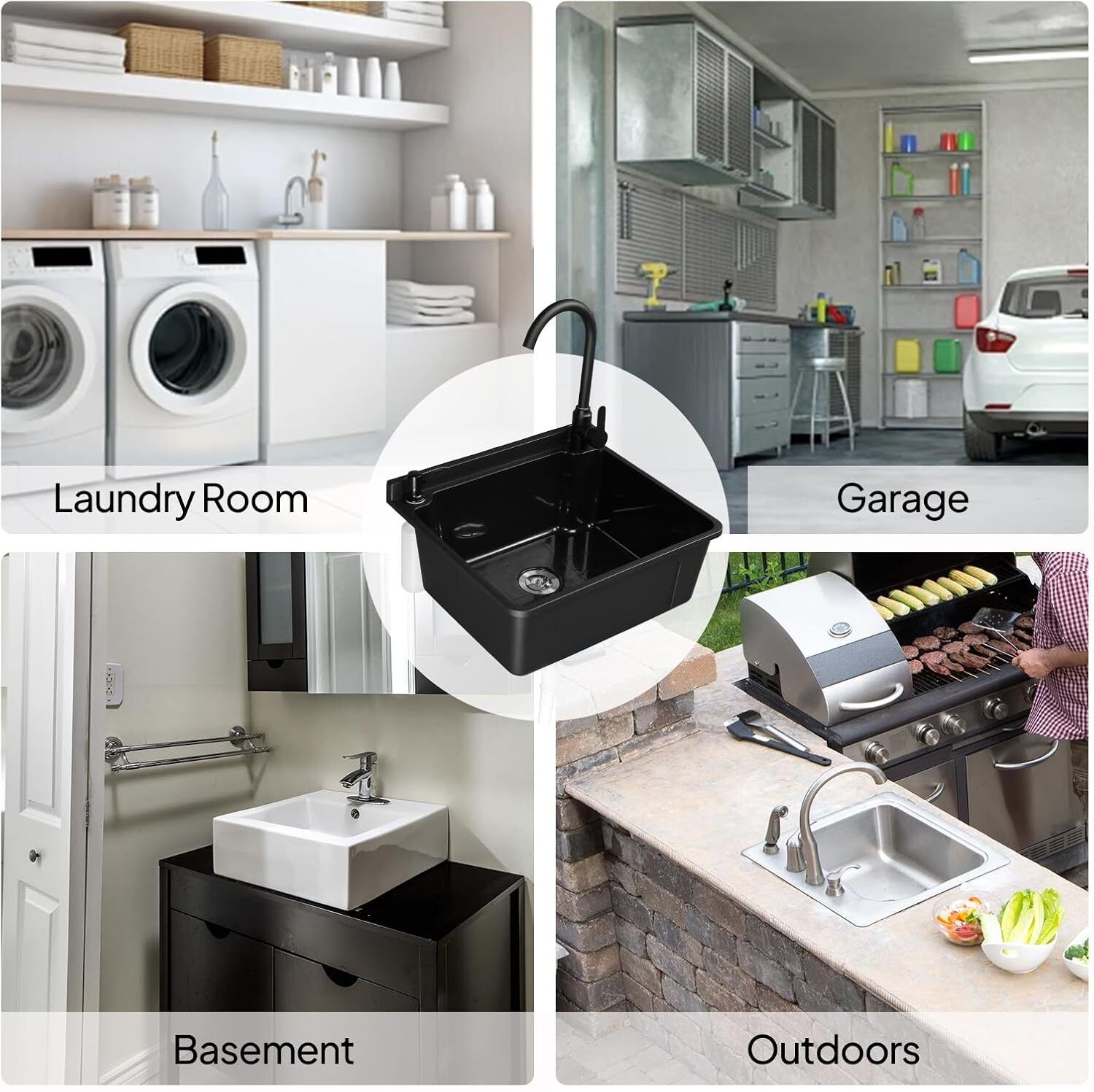 Plastic Wall-Mounted Utility Sink, Wall-Mounted Utility Tub with Hot&Cold Faucet