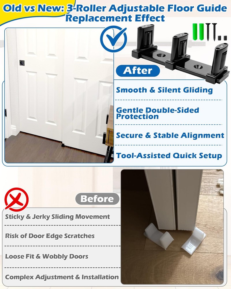 3-Roller Adjustable Sliding Closet Door Floor Guide - 2 Pack, Black