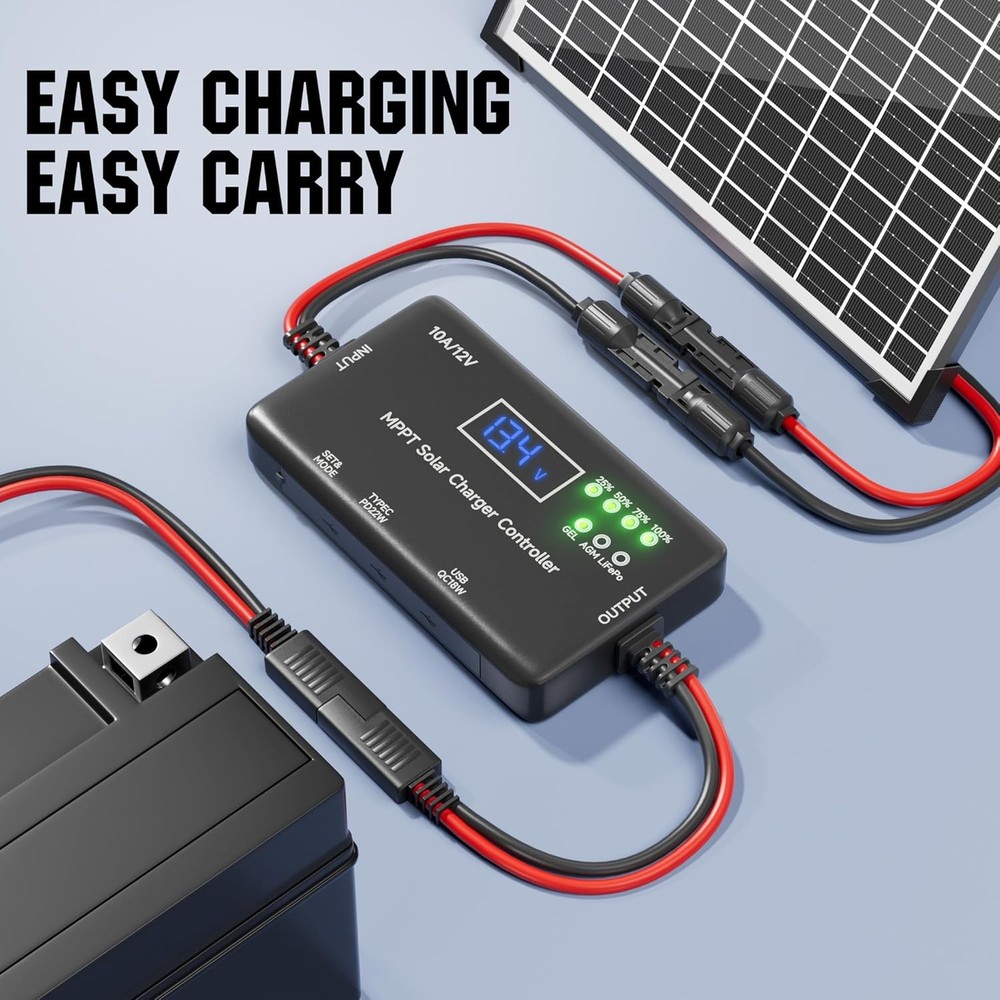 Solar Charge Controller 12V 10A Type-C USB for Solar Panel Gel, AGM LiFePO4