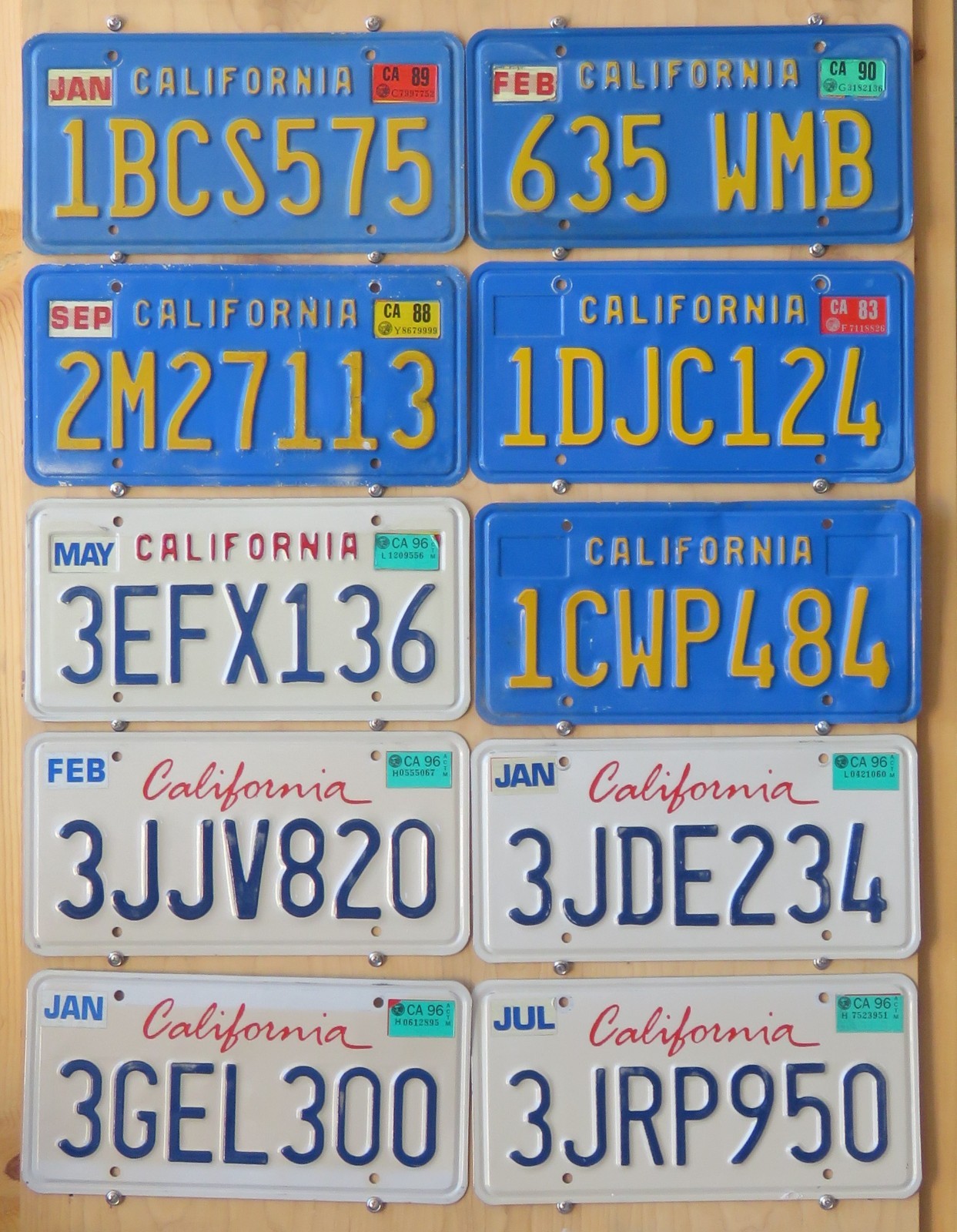 GROUP LOT OF 10 CALIFORNIA BLUE + WHITE VARIETY license plates