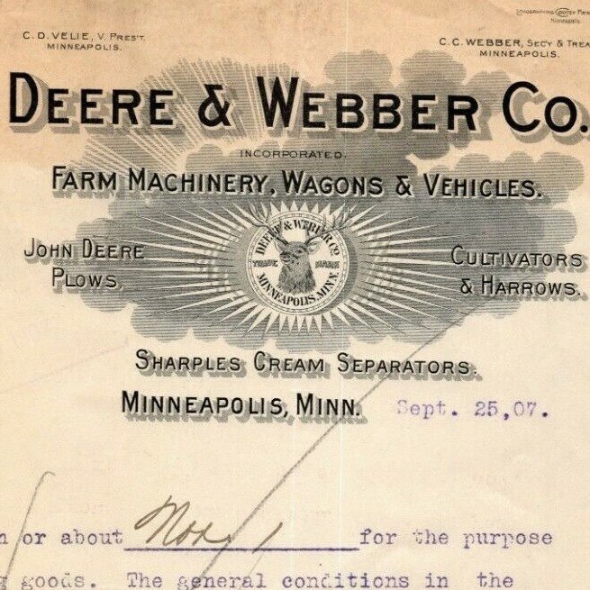 Scarce 1906 John Deere / Deere & Webber Letterhead "Order For Engine Gangs.."