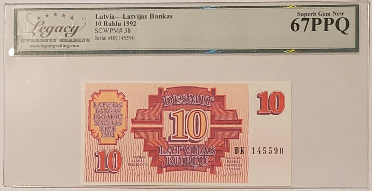 Latvia 1992 10 Rublu Bank Note Superb Gem New 67 PPQ Legacy Currency Grading